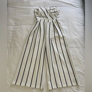 Strapless white with black stripes 3/4 length jumpsuit